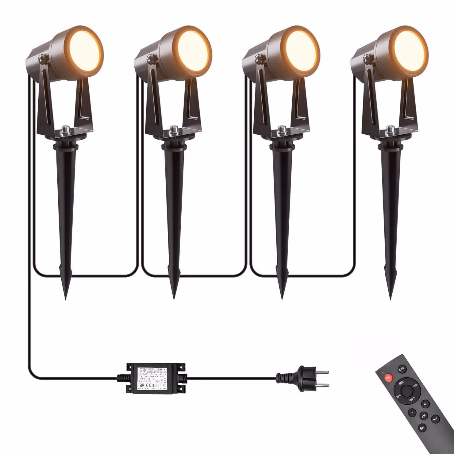 Set di 4 faretti LED da esterno, 3W, 3000K, grado di protezione IP65, con telecomando