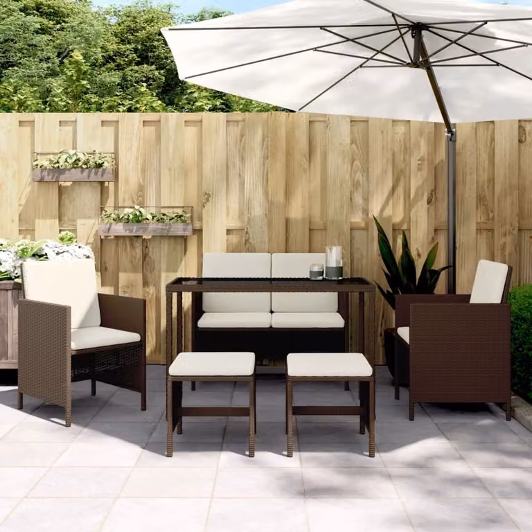 vidaXL Set da Pranzo da Giardino 6pz in Polyrattan Marrone con Piano in Vetro e Cuscini