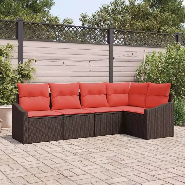 Set di divani da giardino vidaXL a forma di L composto da 5 pezzi in rattan marrone con cuscini inclusi e struttura in acciaio verniciato a polvere