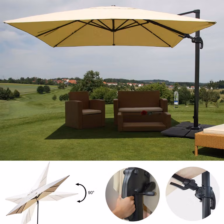 Ombrellone a semaforo per la ristorazione MCW-A96, 3x4 m (Ø 5 m), orientabile, poliestere/alluminio, 26 kg ~ color crema con base, girevole