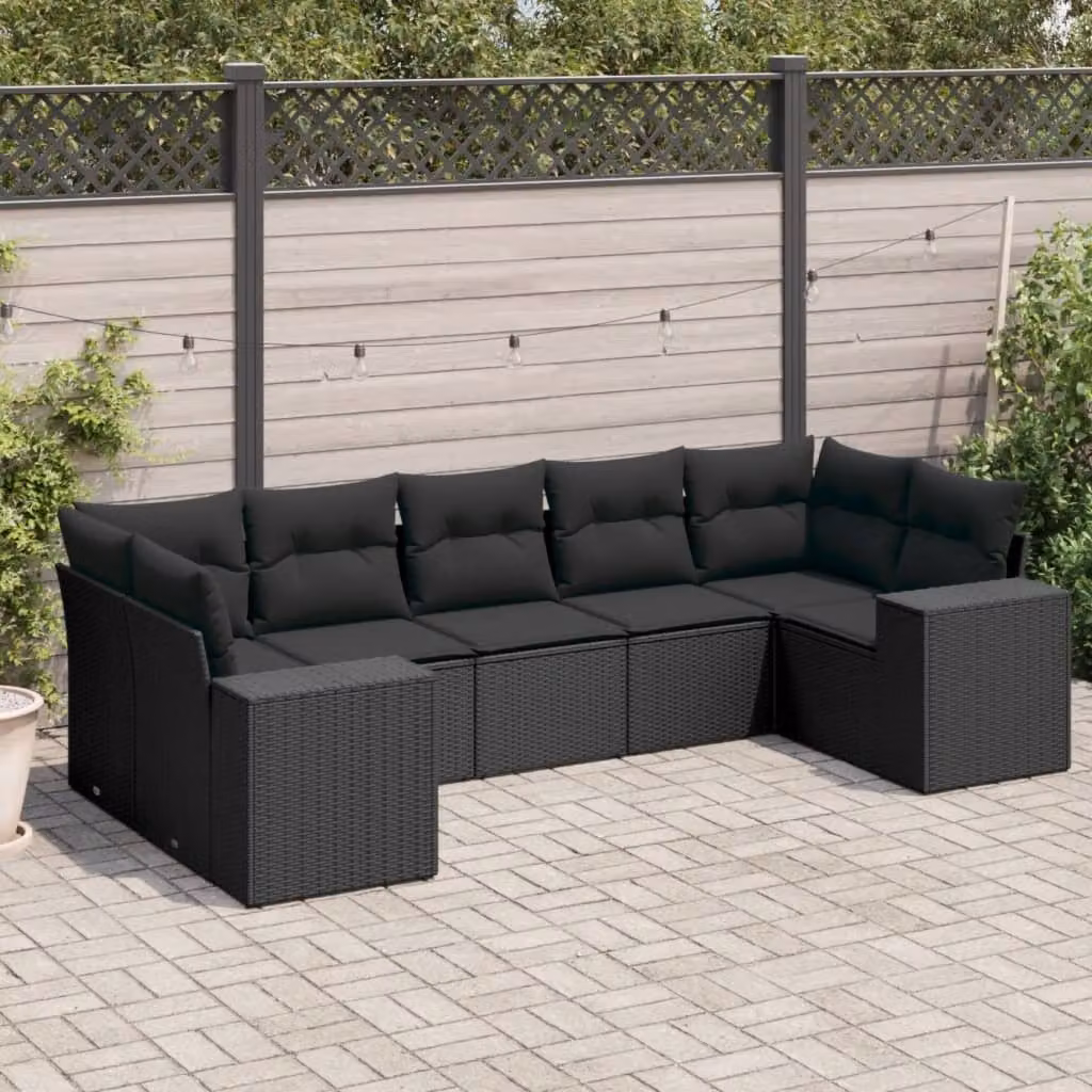 vidaXL Set Divani da Giardino a L con Cuscini 7pz Nero in Polyrattan e Metallo – 1