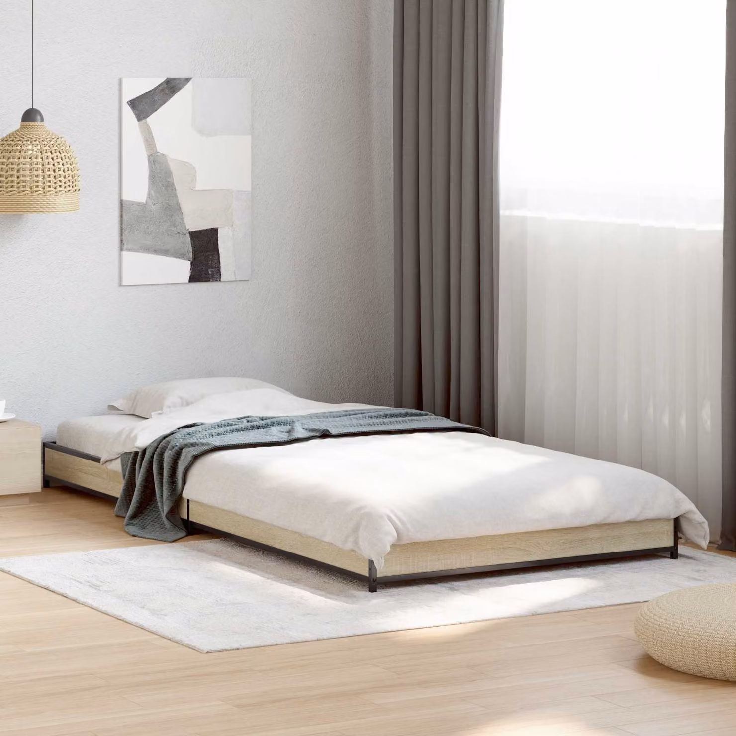 Struttura del letto moderna vidaXL in legno e metallo color rovere e nero L 80 x P 200 x H 140 cm