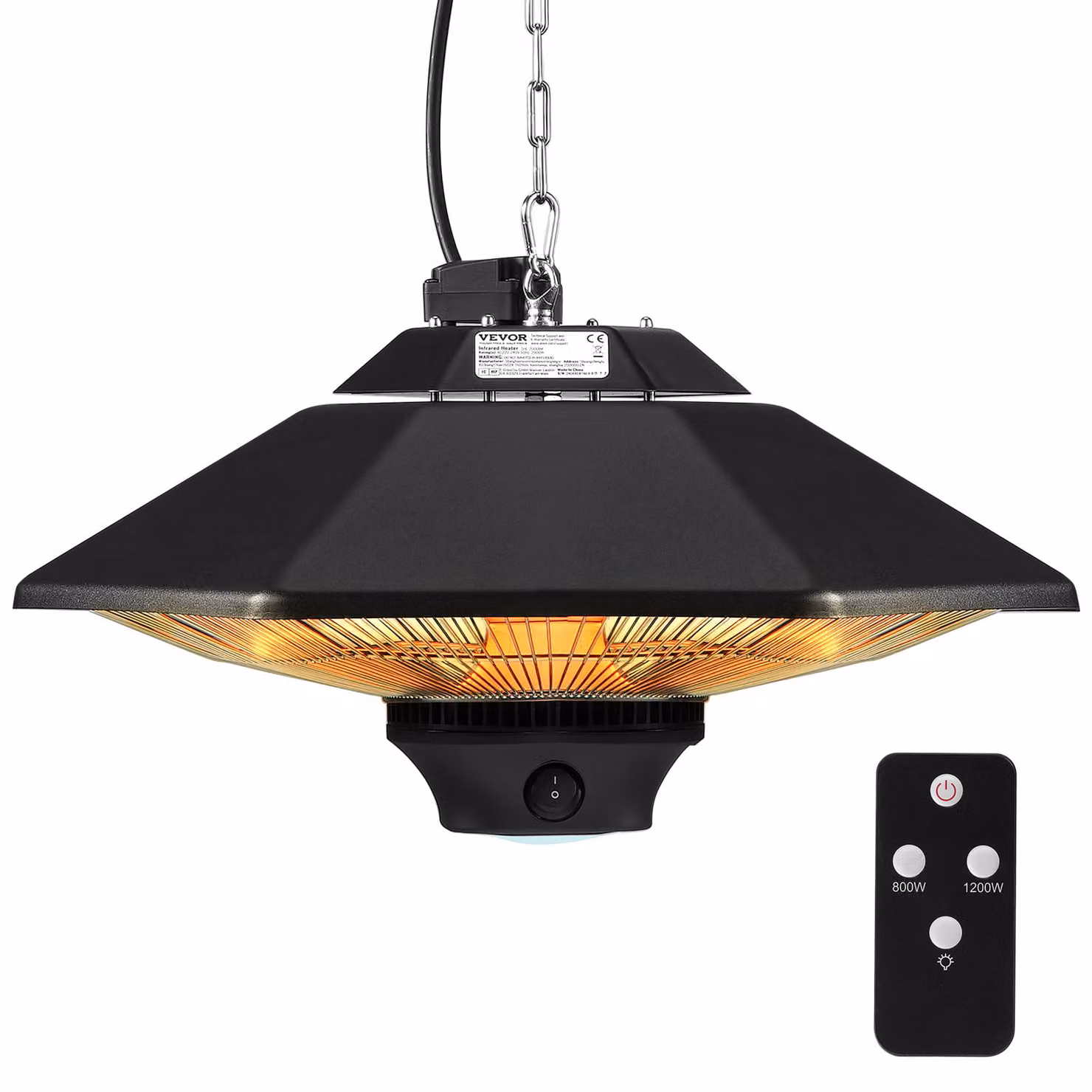 VEVOR riscaldatore radiante a soffitto, 2000 W, telecomando, riscaldatore radiante per esterni/interni, riscaldatore radiante con protezione IP34 con cavo di trazione e catena regolabile, per veranda, terrazza, sala da pranzo, studio
