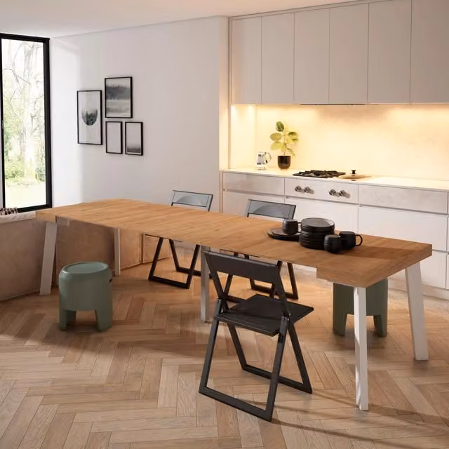 Consolle allungabile, 302x90x73cm, Per 14 persone, Gambe in legno, colore Rovere RF3106