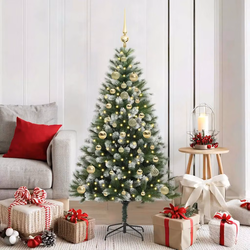 Albero di Natale artificiale vidaXL con rami snodati imbiancati, LED bianco caldo, verde e bianco