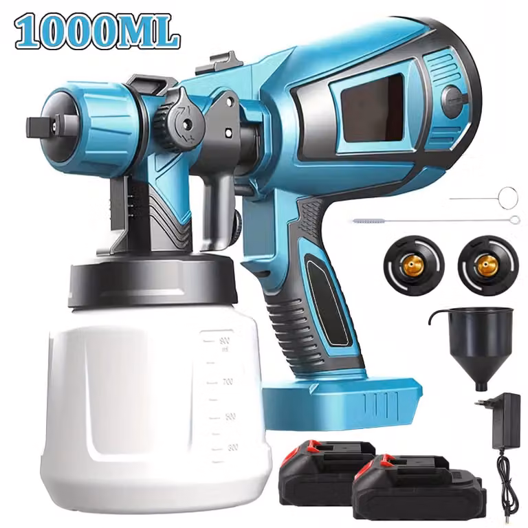 Pistola a spruzzo elettrica – Sistema di verniciatura HVLP senza fili, 200W – Serbatoio da 1000 ml – Adatta per auto, mobili, metallo – Con 2 batterie – Spina di tipo EU