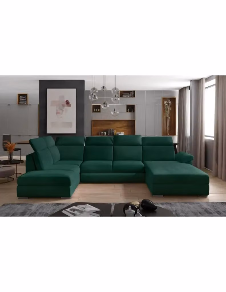 Divano panoramico convertibile MAJESTA MEUBLORAMA a 5 posti verde, forma a U con angolo destro, funzione letto e poggiatesta regolabile, L: 336 cm, P: 211 cm, H: 102 cm – 2