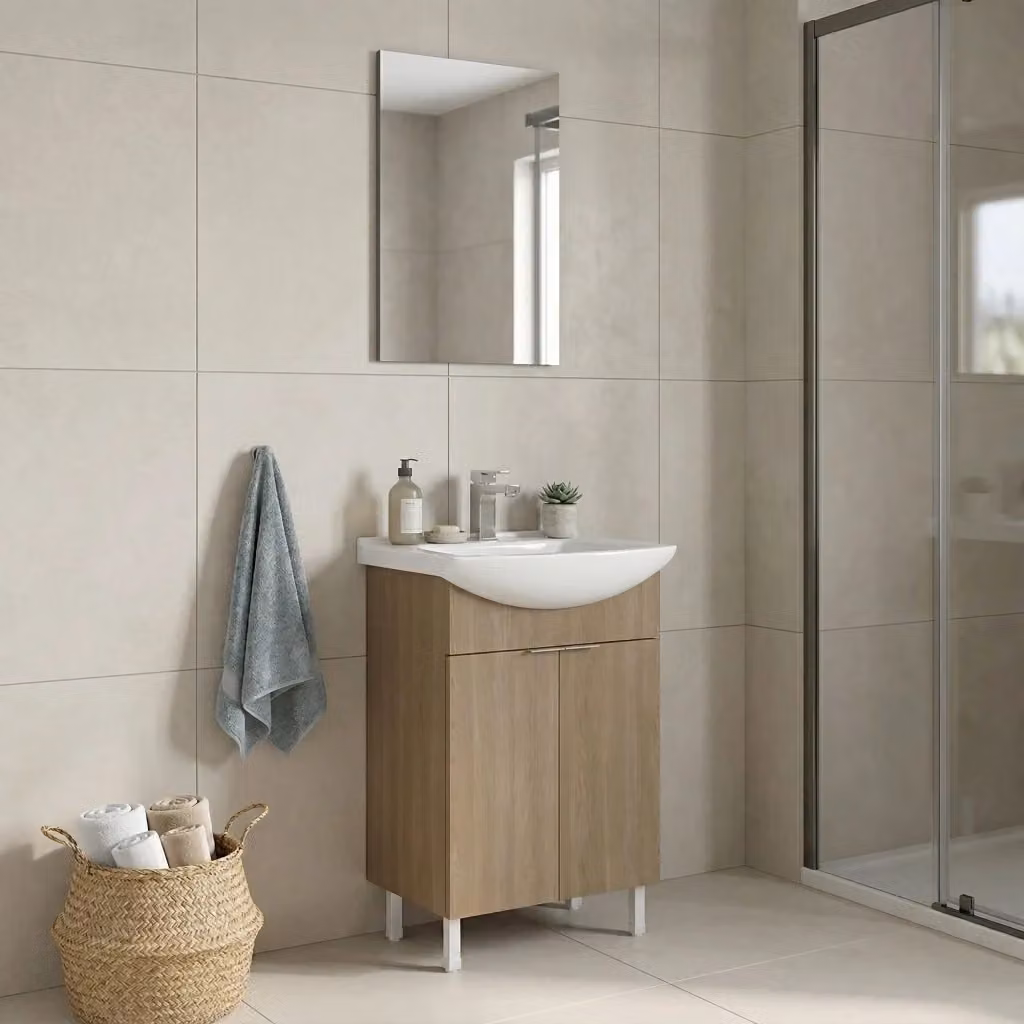 Set mobile lavabo con specchio Purus 55 di Hanah Home, colore marrone, L: 55 cm, P: 60 cm, H: 83 cm – 2