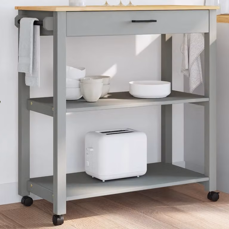 vidaXL Carrello da Cucina MONZA in Legno di Pino Grigio con Ruote L/P/H: 84 x 40 x 88,5 cm