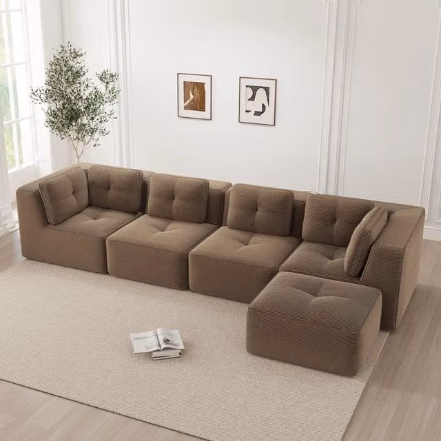 Divano angolare modulare OKWISH in tessuto corduroy marrone con seduta profonda e design moderno