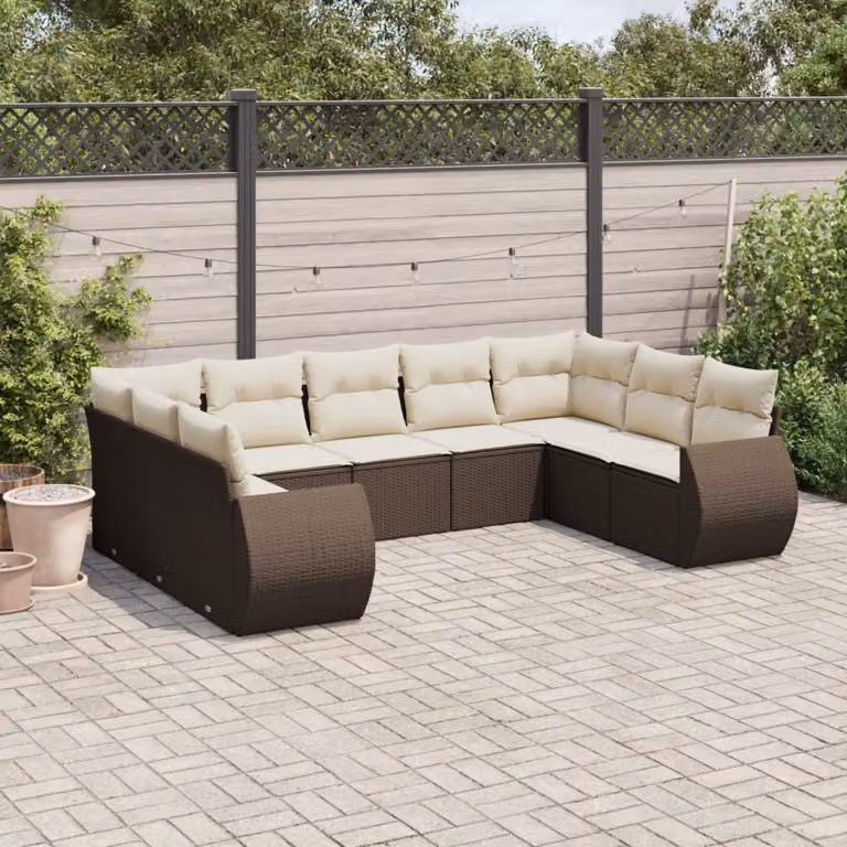 Set di divani da giardino vidaXL in polyrattan marrone con cuscini bianchi, 9 pezzi