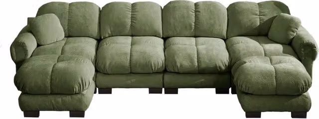 Divano modulare ad angolo a U 4 posti in tessuto chenille verde, con 2 pouf mobili, ergonomico e facile da montare