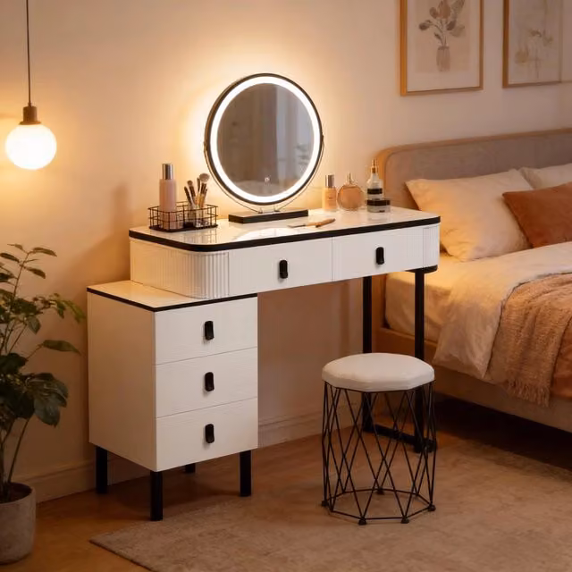 Tavolo da toeletta elegante multifunzione; scrivania con cassetto; fornito con sgabello