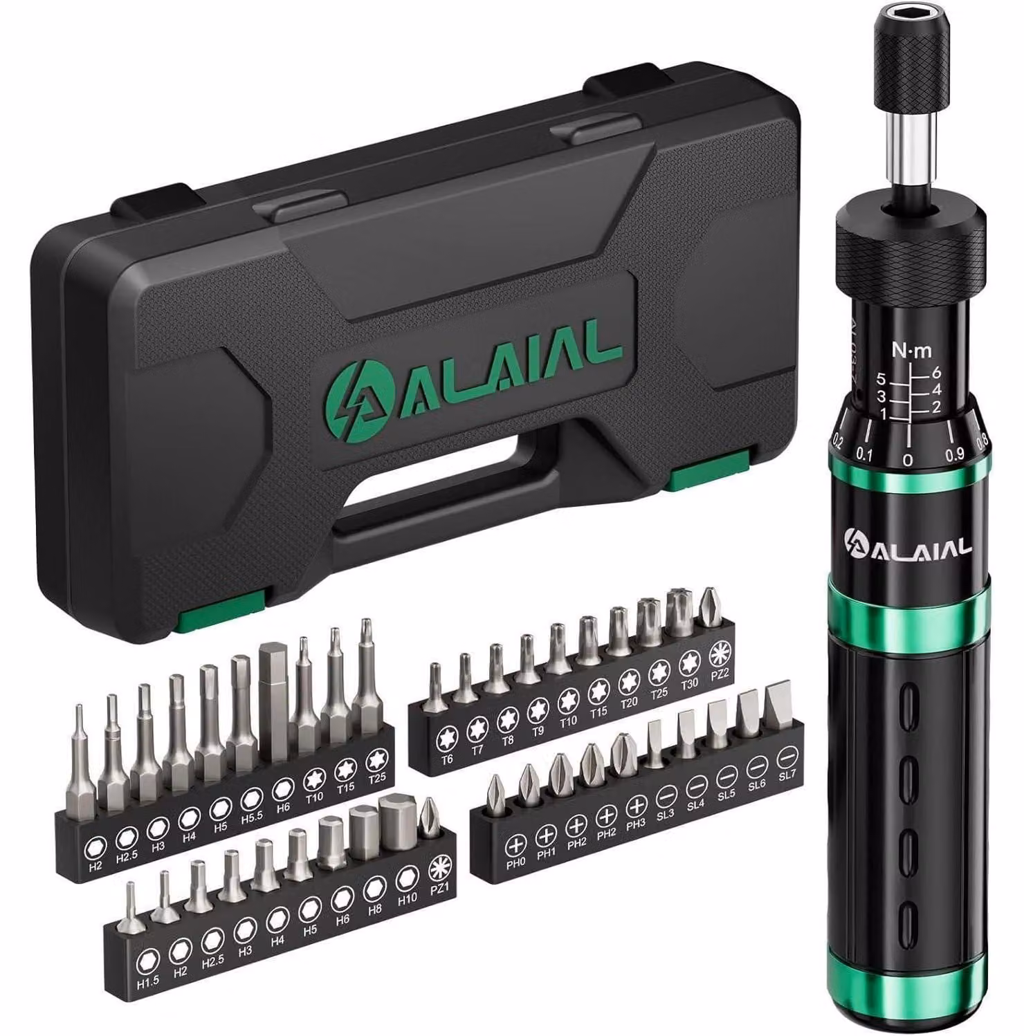 Set di cacciaviti a coppia regolabile da 1 a 6 Nm, attacco da 1/4 di pollice, 41 pezzi, per la riparazione di biciclette, con supporto per inserti, colore verde