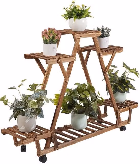 Supporto per piante ItsIn® in legno marrone con 6 superfici e ruote L/P/H: 91 x 25 x 81 cm