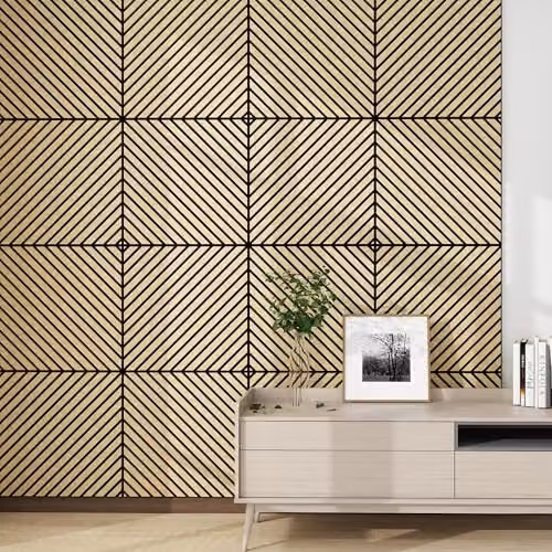 NEU.HOLZ Set di 8 Pannelli Murali 3D Fonoassorbenti 60x60 cm a Listelli Diagonali per Pareti Soffitti Moduli Decorativi Copertura 2,88 m² - Effetto Rovere Chiaro
