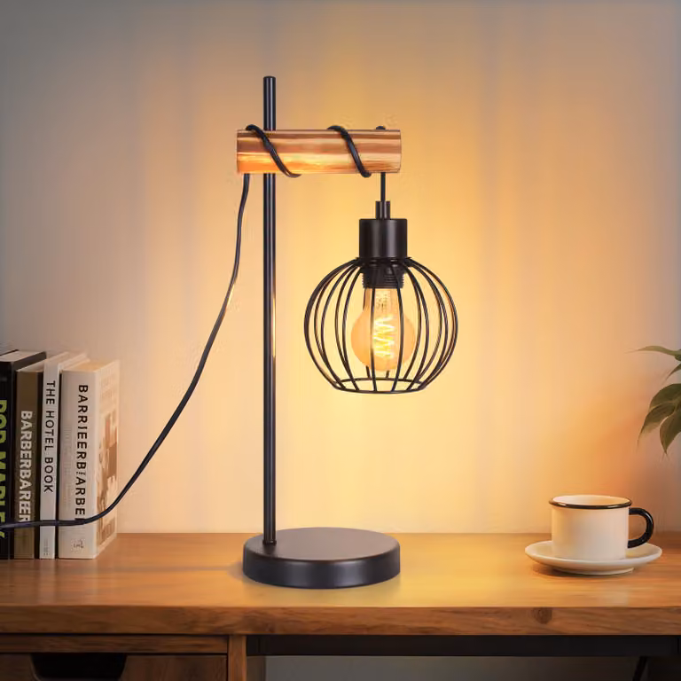 ZMH lampada da tavolo in legno nero lampada da tavolo vintage lampada da comodino 1 fiamma in metallo industriale attacco E27 lampada da comodino retrò senza lampadina