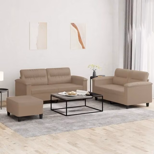 Set di divani 3 pezzi vidaXL in similpelle beige con pouf e cuscini per soggiorno moderno – 1