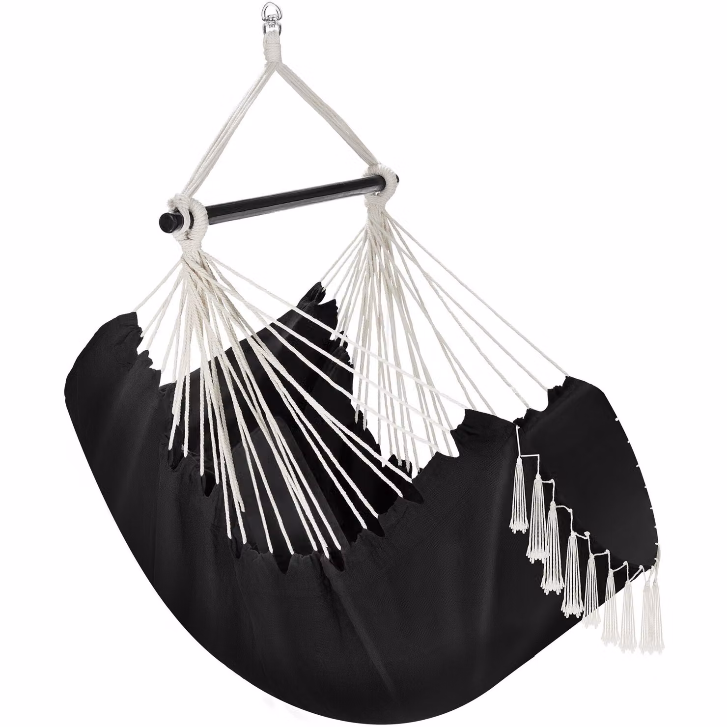 Poltrona sospesa Malika Tectake in stile boho con struttura in legno di betulla e metallo, colore nero, con supporto a terra e funzione girevole – 2