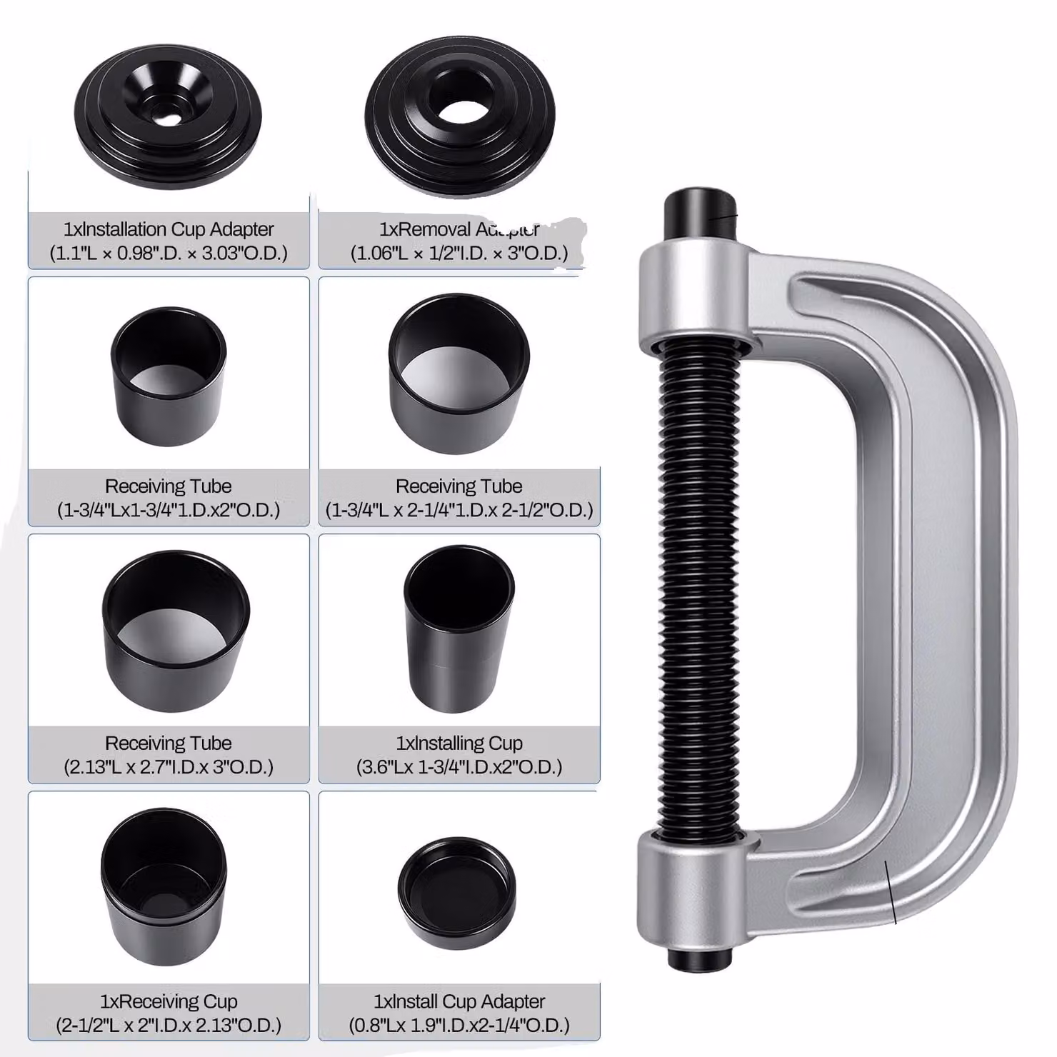 Kit per la pressatura delle giunzioni sferiche, realizzato in acciaio forgiato ad alta resistenza, custodia in tessuto 28 cm x 8 cm x 38 cm, compatibile con trazione 2WD e 4WD, include adattatore per 4WD, set di 10 utensili
