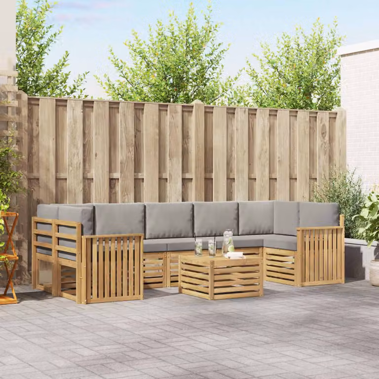 Set di divani da esterno vidaXL 8 pz in legno di acacia con tavolo da caffè, colore bianco e grigio, design moderno a L con cuscini inclusi