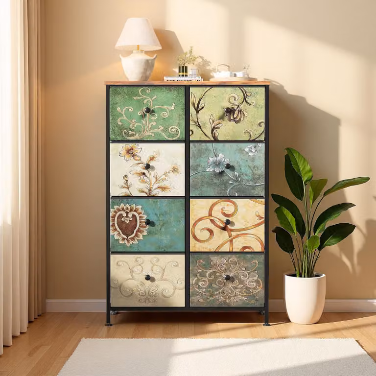 Comodino INONEFT con 8 cassetti, mobile contenitore retro' con piano in legno, cassetti in tessuto e struttura in metallo, adatto per camera da letto o soggiorno, dimensioni 30x67x100 cm
