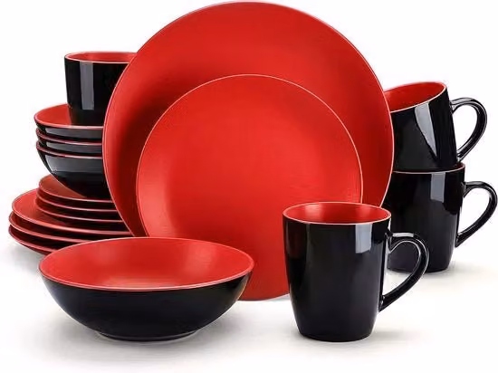 Set di piatti da tavola in porcellana 16 pezzi, pittura a mano, con 4 piatti piatti, 4 piatti dessert, 4 tazze, 4 scudi per 4 persone, rosso
