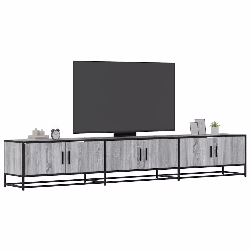 Mobile TV in stile industrial con finitura opaca grigia e dettagli in legno e metallo, L: 240 cm, P: 35 cm, H: 41 cm – 2