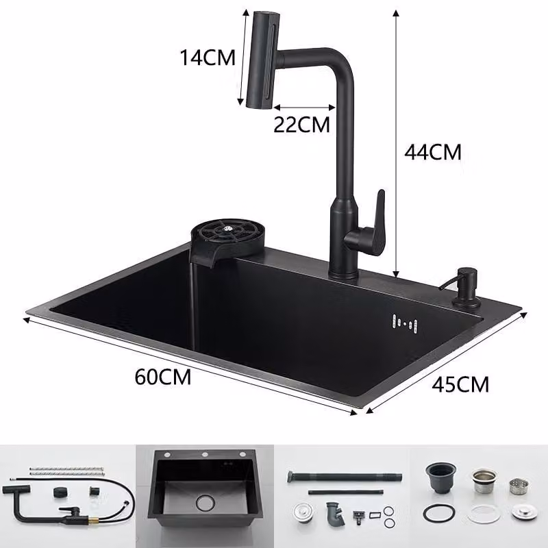 Lavello da cucina - Vasca singola, modello a paraspruzzi - 60x45 cm - Acciaio inossidabile 304 - Miscelatore estraibile per acqua calda e fredda - Nero
