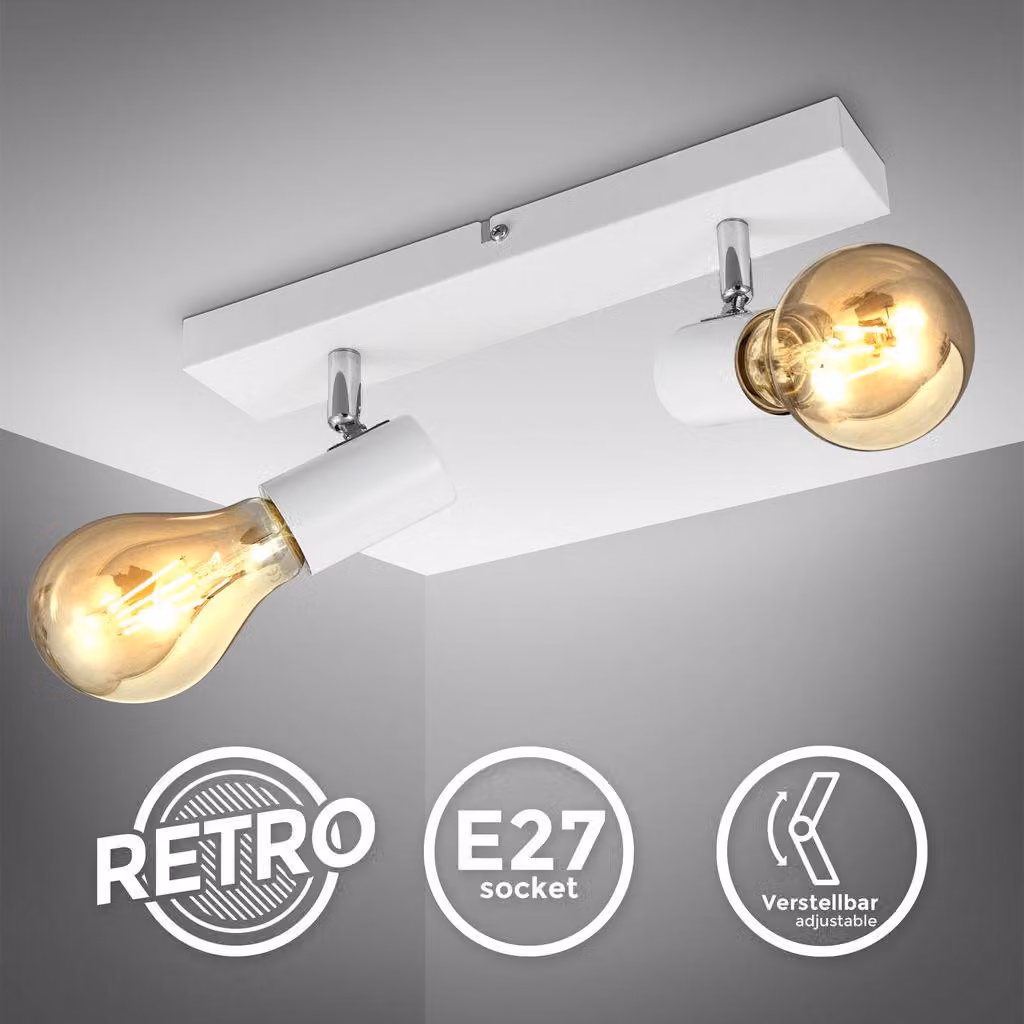 B.K.Licht Lampada da soffitto con 2 faretti orientabili, adatta per 2 lampadine E27 non incluse max 60W, metallo bianco, plafoniera percucina, lampadario stile industriale contemporaneo per camera IP20