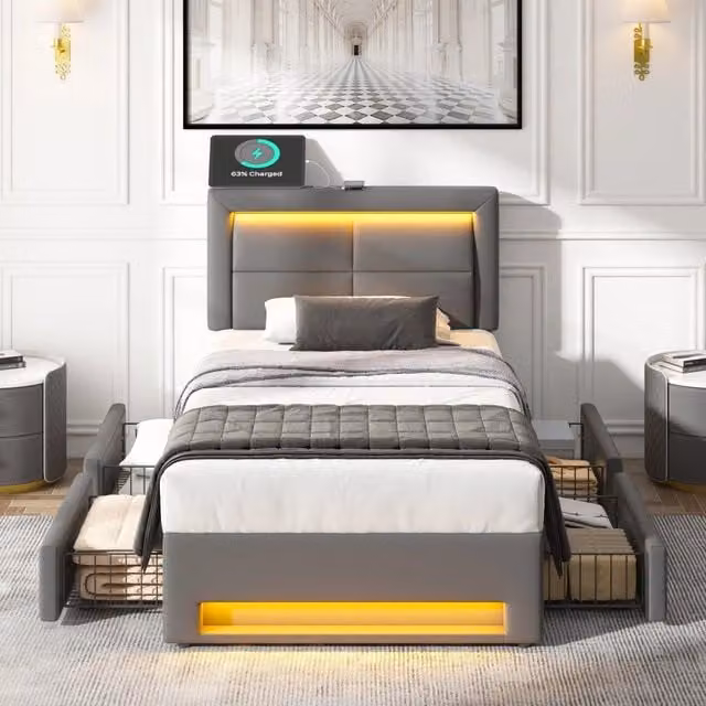 Letto singolo imbottito 90 × 190 cm con LED USB ricarica wireless quattro cassetti in PU grigio con rete a doghe