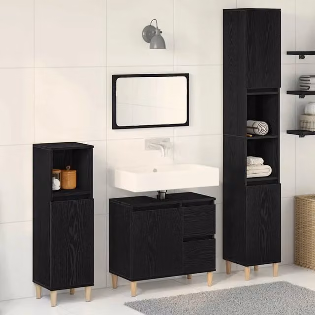 Set di mobili per il bagno 3 pz Rovere Nero 30 x 30 x 180 cm 3333086