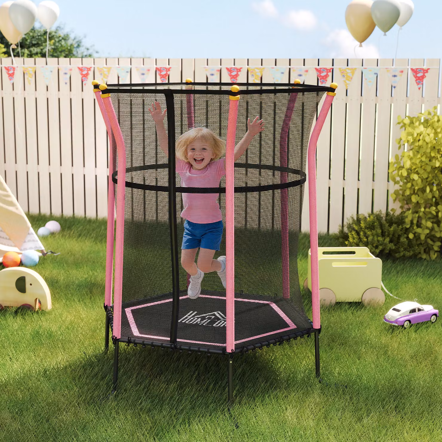 Mini Trampolino Elastico per Bambini HOMCOM con Rete di Sicurezza e Pali Imbottiti, Rosa, Ø 163,5 x 190 cm – 2