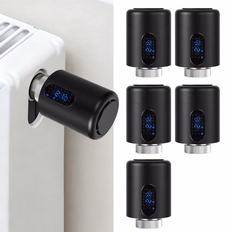Set di 5 termostati radiatori intelligenti Ikodm, colore nero, con connessione Wi-Fi, controllo tramite app senza necessità di gateway, con 7 adattatori per ogni termostato