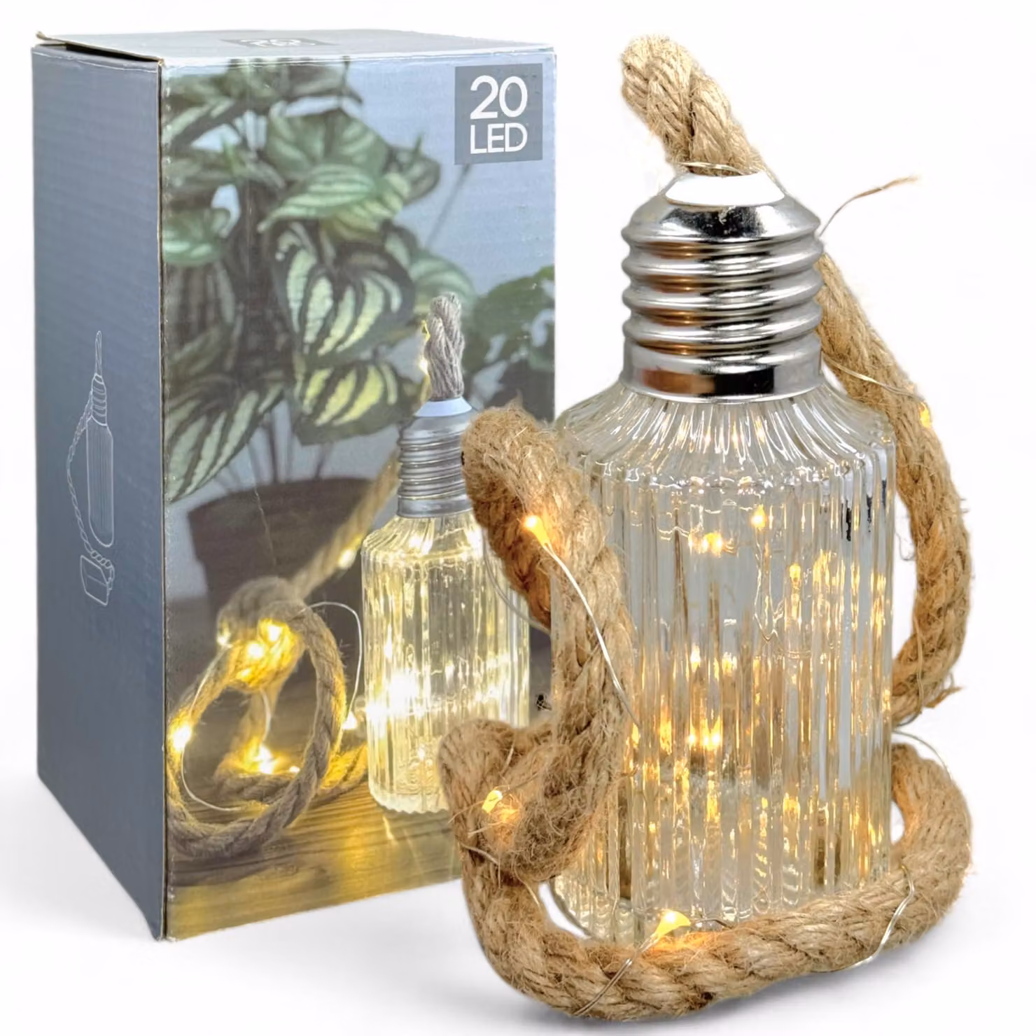 Oggetto decorativo in vetro con 20 LED, con struttura a rilievo, dimensioni 15x6,5 cm, luce bianco caldo
