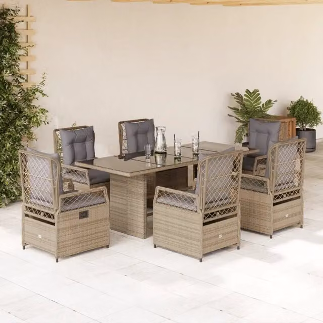 Set da Pranzo da Giardino vidaXL in Polyrattan con Cuscini Beige e Grigio e Tavolo in Vetro, 7 Pezzi