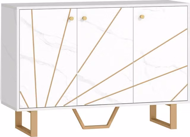 Buffet mobile HOMCOM con 3 porte, mensola regolabile e piedi in metallo, effetto marmo bianco e dettagli oro – 1
