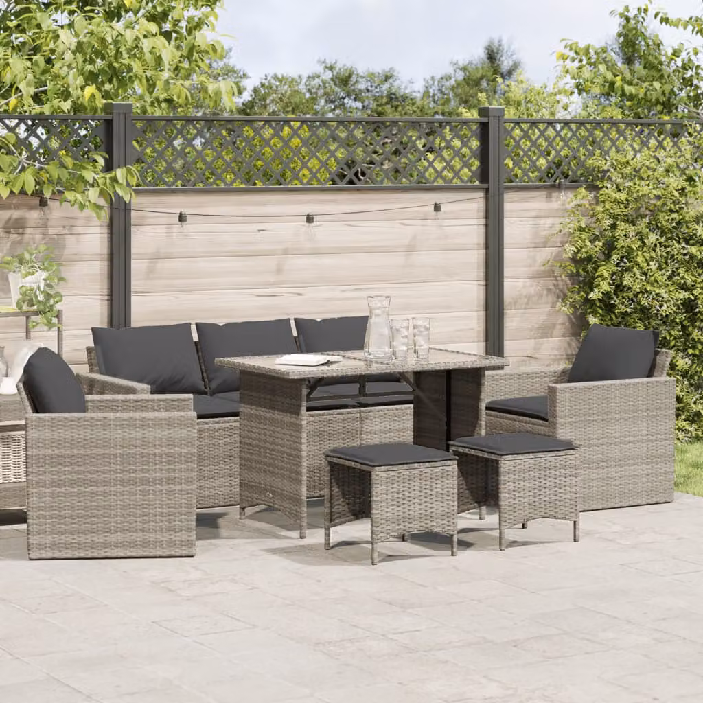 vidaXL Set Divano da Giardino 6 Pezzi con Cuscini Grigio con Tavolino e Ottoman in Polyrattan e Acciaio – 1
