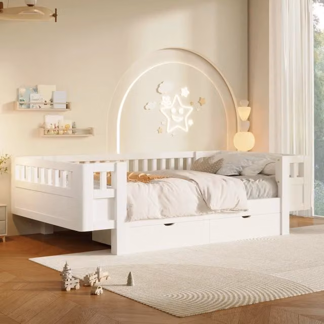 Letto 90x200 cm con sponde alte e due cassetti; bianco