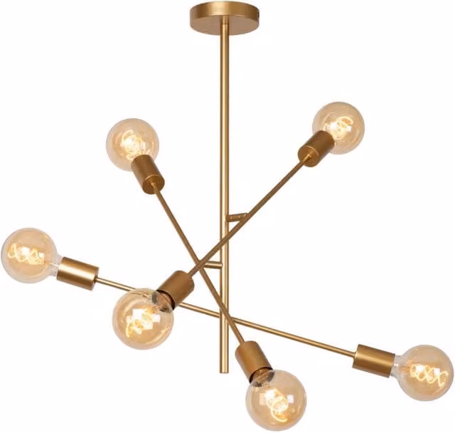 Plafoniera Loft Lucide in metallo oro opaco con 6 lampadine E27 e diffusori in vetro trasparente