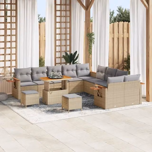 Set Divano da Giardino Moderno vidaXL a Forma a U con Tavolino e Pouf, Colore Grigio e Beige, Struttura in Acciaio e Cuscini Inclusi