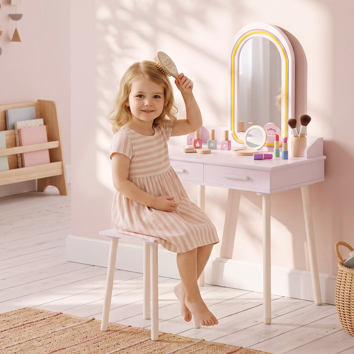Set Toeletta Trucco per Bambina AIYAPLAY con Sgabello, Specchio LED a 3 Colori e 2 Cassetti, Rosa – 2