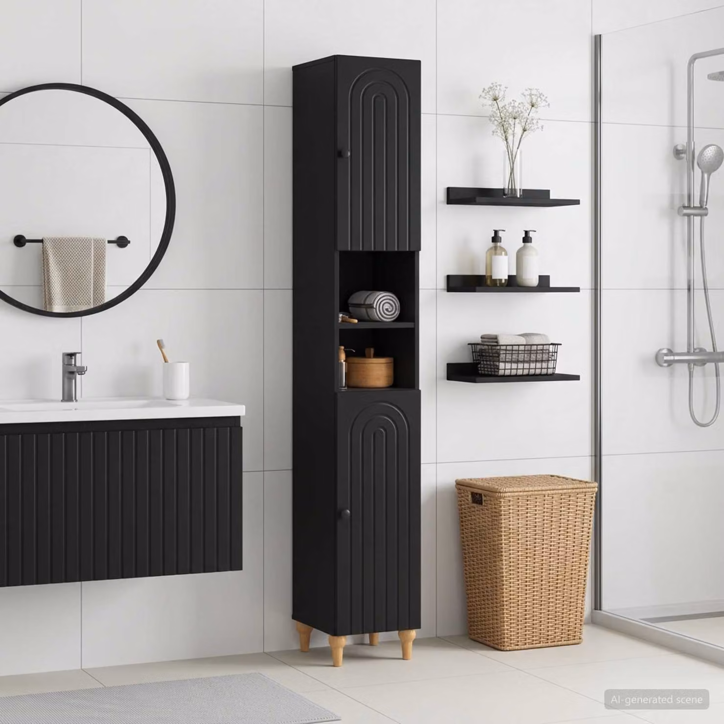 Armadio da bagno moderno vidaXL ALKMAAR nero con ripiani e ante a battente in MDF e metallo L/P/H: 31.0 x 23.5 x 190.0 cm