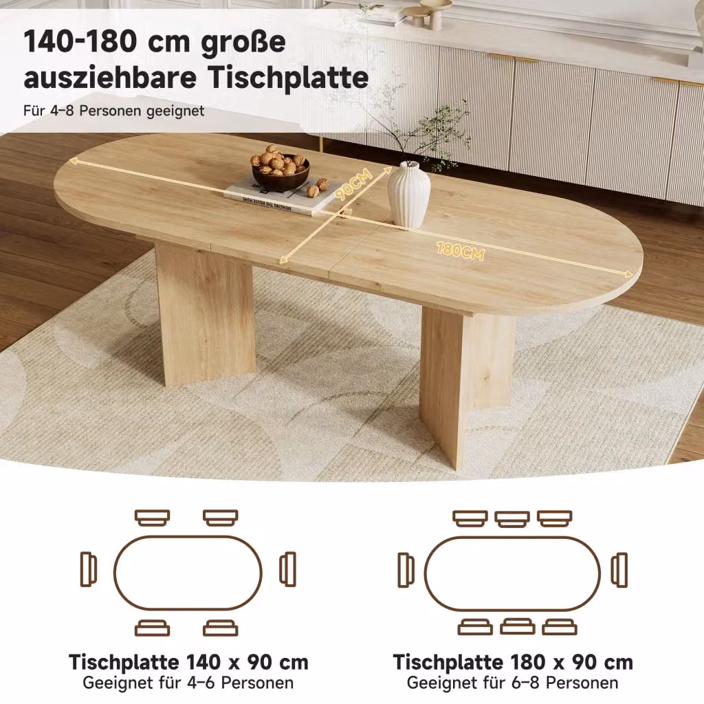 Tavolo da pranzo estensibile moderno REDOM in MDF color marrone con piano ovale e angoli arrotondati L: 140/180 cm, P: 90 cm – 2