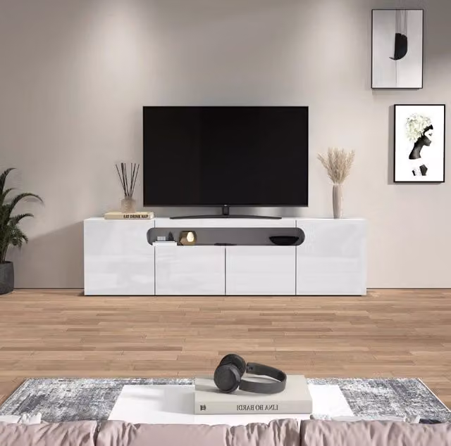 WHOUS Mobile porta TV Real con 4 ante e 1 vano aperto bianco lucido 200x40x60 cm