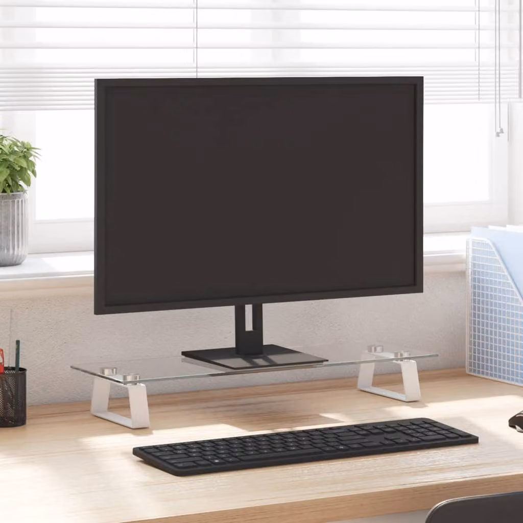 vidaXL Supporto per Monitor in Vetro Temperato e Metallo, Bianco e Trasparente, L/P/H: 60 x 20 x 8 cm