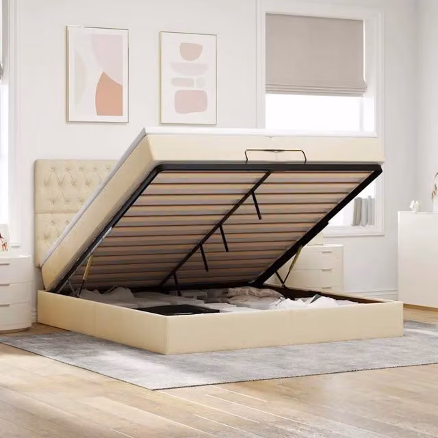 Letto moderno vidaXL con base contenitore a sollevamento, illuminazione sottostante e porte di ricarica USB, colore beige e bianco, L 200 x P 200 x H 280 cm