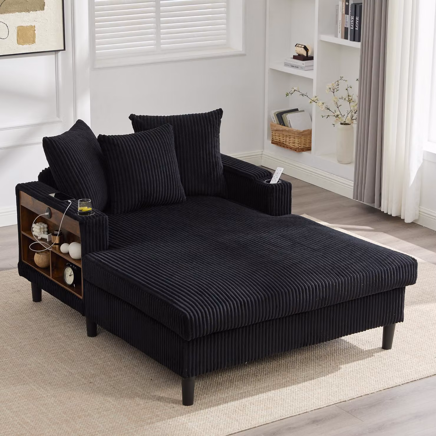 Divano letto LVHOM con luci LED e porte USB, chaise longue con portabicchieri e vano portaoggetti, ampio divano singolo con portata fino a 300 kg, 3 cuscini inclusi, 129x170 cm, nero
