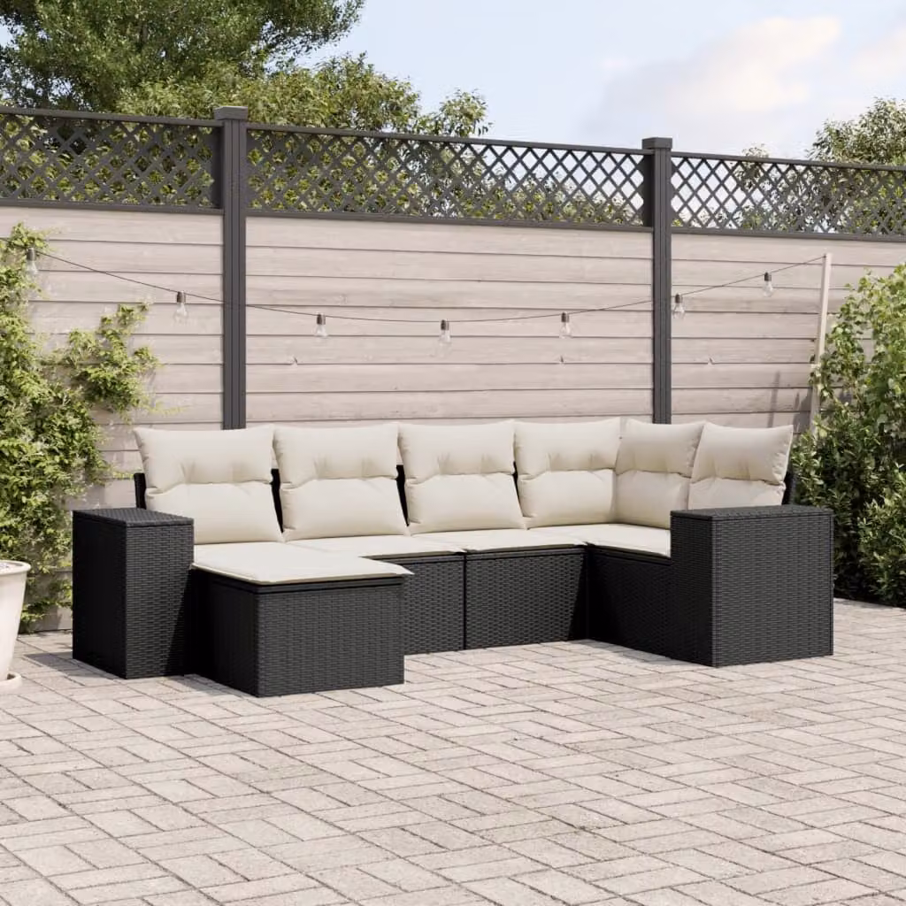 Set Divano da Giardino a L vidaXL in Polyrattan Nero con 6 Cuscini e Ottoman – 1
