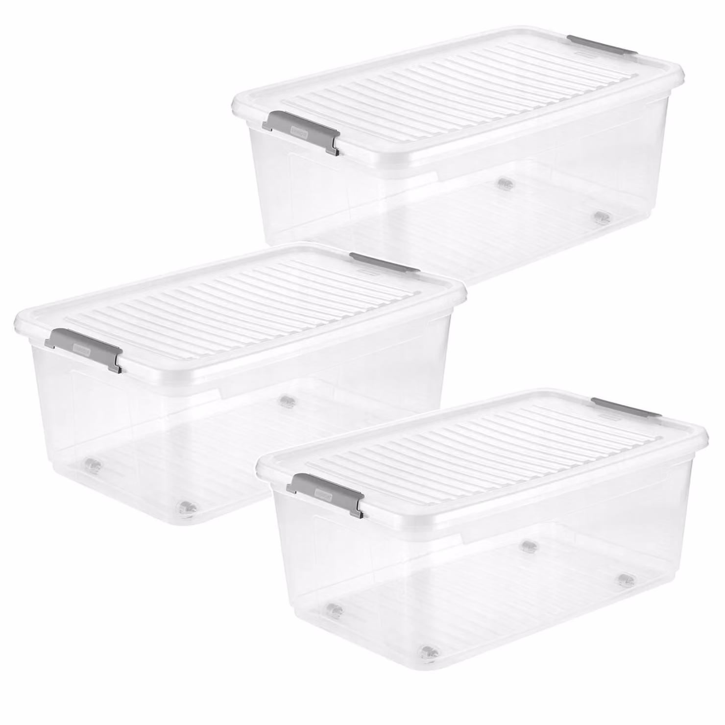 3 contenitori Leo Keeper con coperchio, capacità 37 litri, trasparenti, con ruote, coperchio con chiusura a clip